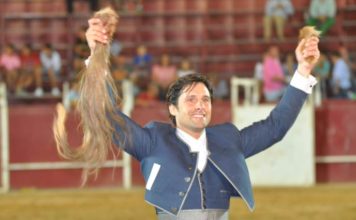 Andrés Romero con las dos orejas y el rabo de uno de sus dos astados esta noche en Monterrubio de la Serena (Badajoz).