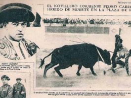 Recorte de prensa de un periódico de la época informando de la cornada mortal del torero onubense Pedro Carreño.
