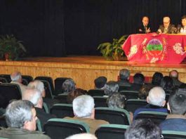 José Luis Benlloch en el concurrido acto de la Peña Taurina 'La Divisa' celebrado en Trigueros. (FOTO: Arizmendi)